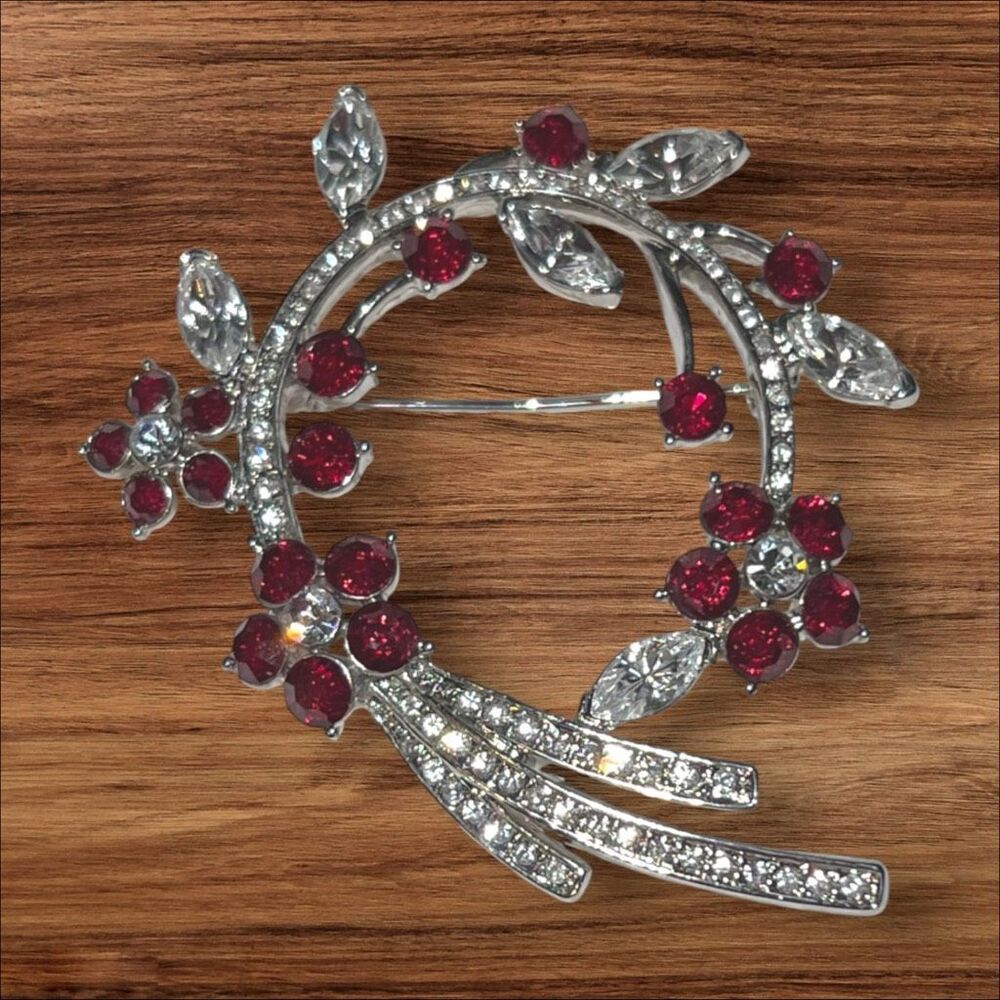 Unmarked Silver Tone Red Clear Crystal Floral Wreath Statement Brooch 2.5”